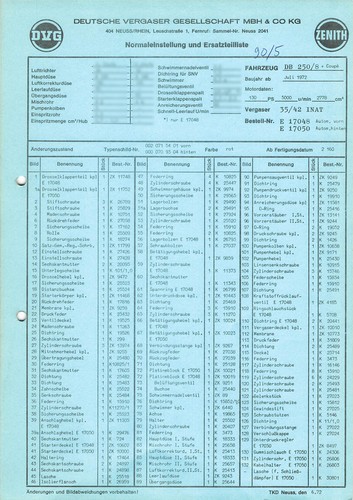 Einstelldaten ersatzteilliste - einstelldaten,